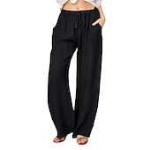 economico Pantaloni-Per donna Normale Culotte Gamba Larga Gamba larga Pantaloni in cotone e lino Moda Lunghezza intera Misura del girovita medio Semplice Tasche Laterali Gamba larga Baggy Comodità Inelastico Casuale