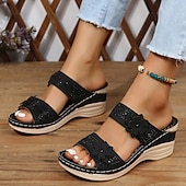 ieftine Sandale confortabile-sandale de damă cu pană cu ornamente florale și suport confortabil pentru arc - perfecte pentru ieșirile casual de vară