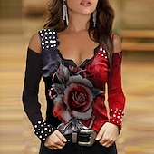 cheap Floral tee-Women&#039;s Plus Size Lace Shirt Going Out Tops Eyelet top Elegant Vintage Daily Floral Butterfly Lace Print Cold Shoulder Long Sleeve Regular Tops V Neck Off Shoulder Party Going out Club Red