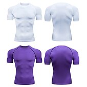 お買い得  メンズ アクティブ T シャツ &amp; タンクトップ-男性用 コンプレッション・シャツ ランニングＴシャツ 半袖 Tシャツ スポーツ 夏 高通気性 速乾性 吸汗性 ソフト ジムトレーニング ランニング アクティブトレーニング スポーツウェア アクティブウェア ストライプ バイオレット ブラック ホワイト