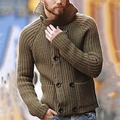 Men's Sweater Cardigan Sweater Turtleneck Sweater Crochet Knit Button Knitted Solid Color Stand Collar Basic Casual Daily Holiday Clothing Apparel Winter Fall Khaki S M L4