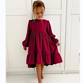 billiga Avslappnade klänningar-Barn Flickor Klänning Solid färg Långärmad Semester Dagligen Prinsessa Ljuv Sammet Asymmetrisk A linjeklänning Höst Vinter 2-8 år Svart Rodnande Rosa Rubinrött