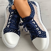 cheap Women&#039;s Sneakers-Charming Blue Lace-Up Sneakers with Floral Lace Detail - Stylish Women&#039;s Footwear with Polka Dot Accents, Perfect for Casual Outings