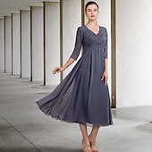 economico Lunghezza del pavimento-Abito per la madre della sposa A-Line invitata a un matrimonio elegante taglie forti scollo a V lunghezza tè in chiffon pizzo manica 3/4 con ruches applicazioni 2025 taglia personalizzata gratuita