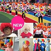 billige Karnevalsparykker-Fans Parykk Farge Cosplay Parykk Burlesque Klovn Det Yaki Afro Krøllete Bob Parykk Medium Lengde Beige Syntetisk Hår Barns Cosplay Kreativ Morsom Rød Karneval Festival Halloween Parykker