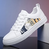 cheap Men&#039;s Sneakers-Men&#039;s White Casual Graphic Sneakers - Stylish Lace-Up Low-Top Shoes with Black and White Print for Streetwear and Everyday Wear