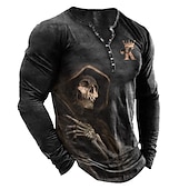 お買い得  ハロウィンTシャツ-男性用 Tシャツ ヘンリーシャツ グラフィック スカル ヘンリー ブラック ホワイト ブルー グリーン グレー 3Dプリント プラスサイズ アウトドア 日常 長袖 ボタンダウン プリント 衣類 デザイナー スタイリッシュ ヴィンテージ ベーシック