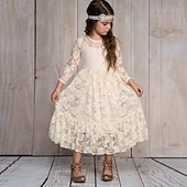 cheap Flower Girl&#039;s Dresses-Kids Girls&#039; Flower Girl Dress Dress Solid Colored Long Sleeve Wedding Party Daily Lace Mesh Embroidered Cute Princess Cotton Maxi A Line Dress Tulle Dress Fall Winter 3-12 Years White Beige