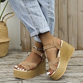 economico Sandali Casual-sandali con zeppa espadrillas da donna – scarpe estive con cinturino e plateau in pelle scamosciata verde oliva con chiusura a fibbia, stile casual da spiaggia e da vacanza