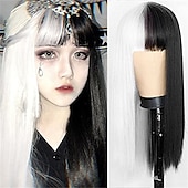 billige Karnevalsparykker-Kaneles halv svart halv grønn parykk lang rett hår med bangs cosplay naturlig bølgete parykk jenter cosplay fest show Halloween parykker