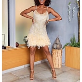 preiswerte Abiballkleid-A-Linie Party Feder Kleider Strandhochzeit Funkelndes  Strahlendes Kleid Abschlussfeier Hochzeitsfeier Kurz  Mini Ärmellos Spaghetti-Träger Pailletten mit Federfransen Pailletten Kleid um zu