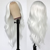 baratos Perucas Sintéticas sem Touca-Perucas de cabelo de onda longa e solta cor branca perucas sintéticas de fibra resistente ao calor sem cola para moda feminina linha de cabelo natural perucas de festa de natal