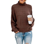 abordables Pulls et hauts-Femme Pull basique Décontractées Couleur unie Grosse maille Crocheté Col Roulé Tricoté manche longue Tricoter du quotidien Sortie Bleu Ciel Noir Automne Hiver
