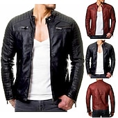 お買い得  メンズジャケット＆コート-男性用 レザージャケット トランジションジャケット バイカージャケット オートバイのジャケット アウトドア カジュアル／普段着 防風 保温 調整可能 秋 ピュアカラー パンクスタイル カジュアル 普段着 スタンド レギュラー レギュラー 合皮 スリム ブラック ルビーレッド ジャケット