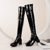 cheap Fashion Boots-Women&#039;s Black Patent Leather Over-the-Knee Boots with Chunky Heel, Stylish and Sleek for Night Out and Party Wear