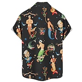 cheap Retro Vintage Print-Men&#039;s Mermaid Shirt Summer Hawaiian Shirt Aloha Shirt Short Sleeves Shirt Turndown Vintage Fashion Designer Outdoor Street Casual Black White Yellow 3D Print S M L