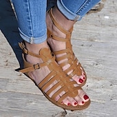 abordables Sandalias Informales-Mujer Sandalias Zapatos romanos Diario Playa Color sólido Verano Tacón Plano Dedo redondo Puntera abierta Vintage Clásico Cuero Sintético PU Sintéticos Hebilla Marrón Claro Negro Dorado