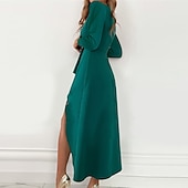 voordelige Werkjurken-dameswerkjurk midi-jurk zwart rood fuchsia lange mouw pure kleur ruche zomer lente herfst v-hals stijlvolle zomerjurk dagelijks vakantie 2023 s m l xl xxl