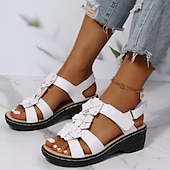 ieftine Sandale casual-Pentru femei Sandale Sandale Platformă Pantofi de confort În aer liber Zilnic Plajă Culoare solidă Floral Mată Vară Flori Toc Platformă Vârf deschis Clasic Casual PU piele Poliester Buclă Negru Alb