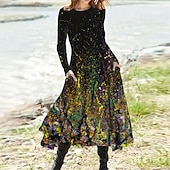 levne Šaty umění a designu-Ženské midi šaty volnočasové šaty zimní šaty swing šaty dovolená móda základní formální dovolená večírek pravidelně padnoucí tie dye barevný gradient dlouhý rukáv posádka krk žlutá modrá velbloudí