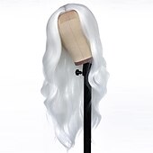 baratos Perucas Sintéticas sem Touca-Perucas de cabelo de onda longa e solta cor branca perucas sintéticas de fibra resistente ao calor sem cola para moda feminina linha de cabelo natural perucas de festa de natal