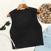 baratos Cores Sólidas-Colete de suéter de venda imperdível amazon europeu e americano moda casual sem mangas cabo suéter com decote em v colete de malha feminino