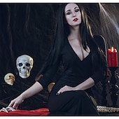 tanie Peruki z postaciami z filmów-rodzina addamsów 40 cali 100 cm ekstra długie czarne peruki dla kobiet peruka z prostymi włosami naturalne czarne peruki na imprezę morticia addams peruka damska peruki karnawałowe