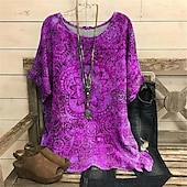olcso Női Boho Felsők-Női Nagy Méretű Blúz Chiffon Utcakép Virágmintás Rövid Ujjú Normál Felsők Vakációs Napi Kék Lila Nyár Tavasz