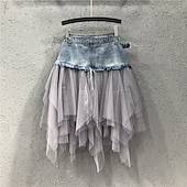 cheap Plain Skirts-Women&#039;s Skirt A Line Basic Long Carnival Costumes Ladies Asymmetrical Skirts Color Block Solid Colored Pleated Tulle Vacation Daily Wear Black Light Blue Summer Denim