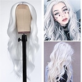 baratos Perucas Sintéticas sem Touca-Perucas de cabelo de onda longa e solta cor branca perucas sintéticas de fibra resistente ao calor sem cola para moda feminina linha de cabelo natural perucas de festa de natal