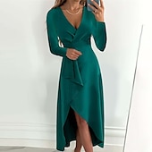 voordelige Werkjurken-dameswerkjurk midi-jurk zwart rood fuchsia lange mouw pure kleur ruche zomer lente herfst v-hals stijlvolle zomerjurk dagelijks vakantie 2023 s m l xl xxl