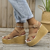 economico Sandali Casual-sandali con zeppa espadrillas da donna – scarpe estive con cinturino e plateau in pelle scamosciata verde oliva con chiusura a fibbia, stile casual da spiaggia e da vacanza