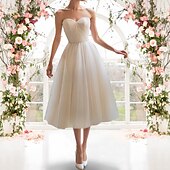 cheap Little White Dresses-Reception Little White Dress Bridal Shower Dresses Wedding Dresses A-Line Sweetheart Strapless Tea Length Tulle Bridal Gowns With Sashes / Ribbons Pleats 2025
