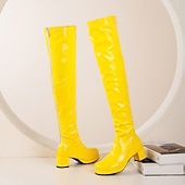 cheap Fashion Boots-Women&#039;s Black Patent Leather Over-the-Knee Boots with Chunky Heel, Stylish and Sleek for Night Out and Party Wear