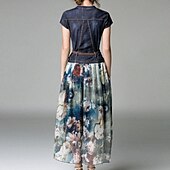 levne Denimové šaty-Dámské Džínové šaty Swingové šaty Moderní šaty Maxi dlouhé šaty Džínovina stylové Elegantní Formální Venkovní Denní Do V Slátanina Výšivka Krátký rukáv Léto Jaro Podzim 2023 Běžný Černá Vodní modrá