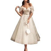 cheap Little White Dresses-TS A-Line Cocktail Dresses Elegant Dress Wedding Guest Graduation Tea Length Short Sleeve Off Shoulder Sequined with Sash / Ribbon Ruched Sequin 2025