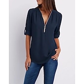 voordelige Dames eenvoudige tops-damesblouse overhemd rits basic effen dagelijks v-hals t-shirt mouw normaal zomer wit zwart roze grijs donkerblauw