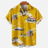 billiga Tropiska växter-Herr Blommig Leopard Landskap Skjorta Hawaii skjorta Aloha skjorta Kort ärm Skjorta Nedvikt Mode Designer Ledigt Utomhus Gata Ledigt Vit Gul Marinblå 3D-tryck S M L