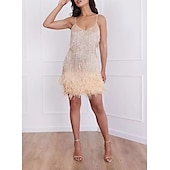 preiswerte Abiballkleid-A-Linie Party Feder Kleider Strandhochzeit Funkelndes  Strahlendes Kleid Abschlussfeier Hochzeitsfeier Kurz  Mini Ärmellos Spaghetti-Träger Pailletten mit Federfransen Pailletten Kleid um zu
