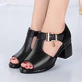 economico Sandali con tacco-sandali da donna con tacco spesso e punta aperta - eleganti scarpe nere in similpelle con fibbia decorativa per feste estive o occasioni formali