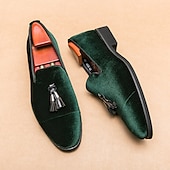 abordables Semi-formel-mocassins en velours vert pour hommes avec détails à pompons – chaussures élégantes à enfiler pour événements formels, mariages et fêtes