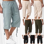 economico Classico-Per uomo Pantaloncini Pantaloncini di lino Pantaloncini estivi Pantaloncini da spiaggia Pantaloni modello Capri A cordoncino Vita elastica Tasca frontale Liscio Comfort Traspirante Polpaccio Sportivo