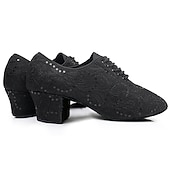 cheap Ballroom Shoes &amp; Modern Dance Shoes-Women&#039;s Black Lace Dance Shoes with Mid Heel - Elegant Sequin Latin and Ballroom Shoes for Performance