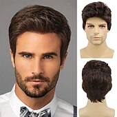 cheap Party Wigs-Brown Mens Wig Handsome Male Short Hair Synthetic Carnival Costume Toupee for Men Daily Party Use