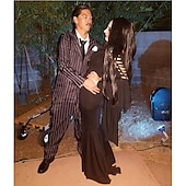 tanie Peruki z postaciami z filmów-rodzina addamsów 40 cali 100 cm ekstra długie czarne peruki dla kobiet peruka z prostymi włosami naturalne czarne peruki na imprezę morticia addams peruka damska peruki karnawałowe