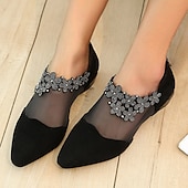 ieftine Block Heels-Botine de damă din plasă neagră, cu ornamente florale cu strasuri - pantofi eleganți cu toc mic, cu vârf ascuțit, pentru evenimente formale și petreceri