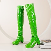 cheap Fashion Boots-Women&#039;s Black Patent Leather Over-the-Knee Boots with Chunky Heel, Stylish and Sleek for Night Out and Party Wear