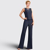 abordables Costumes-pantalons pour maman-Salopette  pantalon 3 pièces mère de la mariée invité au mariage formel élégant grande taille col bijou longueur de sol en chiffon dentelle sans manches avec appliques taille personnalisée gratuite