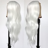 baratos Perucas Sintéticas sem Touca-Perucas de cabelo de onda longa e solta cor branca perucas sintéticas de fibra resistente ao calor sem cola para moda feminina linha de cabelo natural perucas de festa de natal