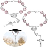 cheap Car Pendants &amp; Ornaments-Car Rosary 2 Pcs Rearview Mirror Auto Rosary Hanging Personalized Car Cross Blessing Catholic Car Medal for Truck Bike Motorcycle Car Mirror Hanging Accessories Decors